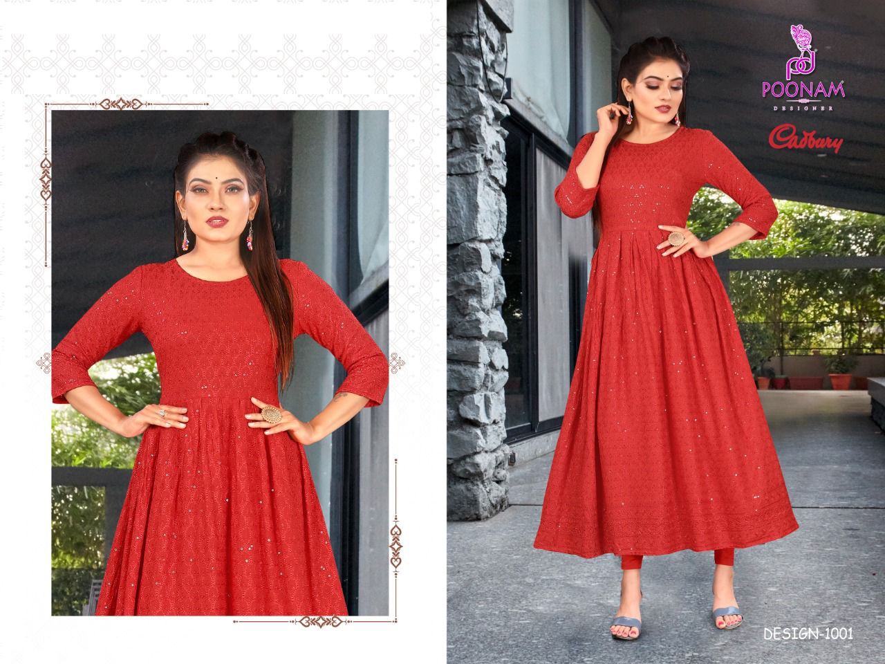Poonam Gown Cadbury Rayon Lucknowi Ethnic Wear Fancy Anarklai Kurti Collection